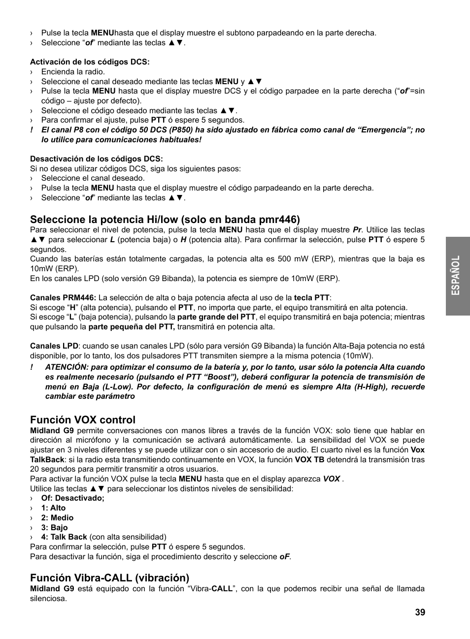 Es pa ño l, Función vox control, Función vibra-call (vibración) | MIDLAND G9 User Manual | Page 41 / 94