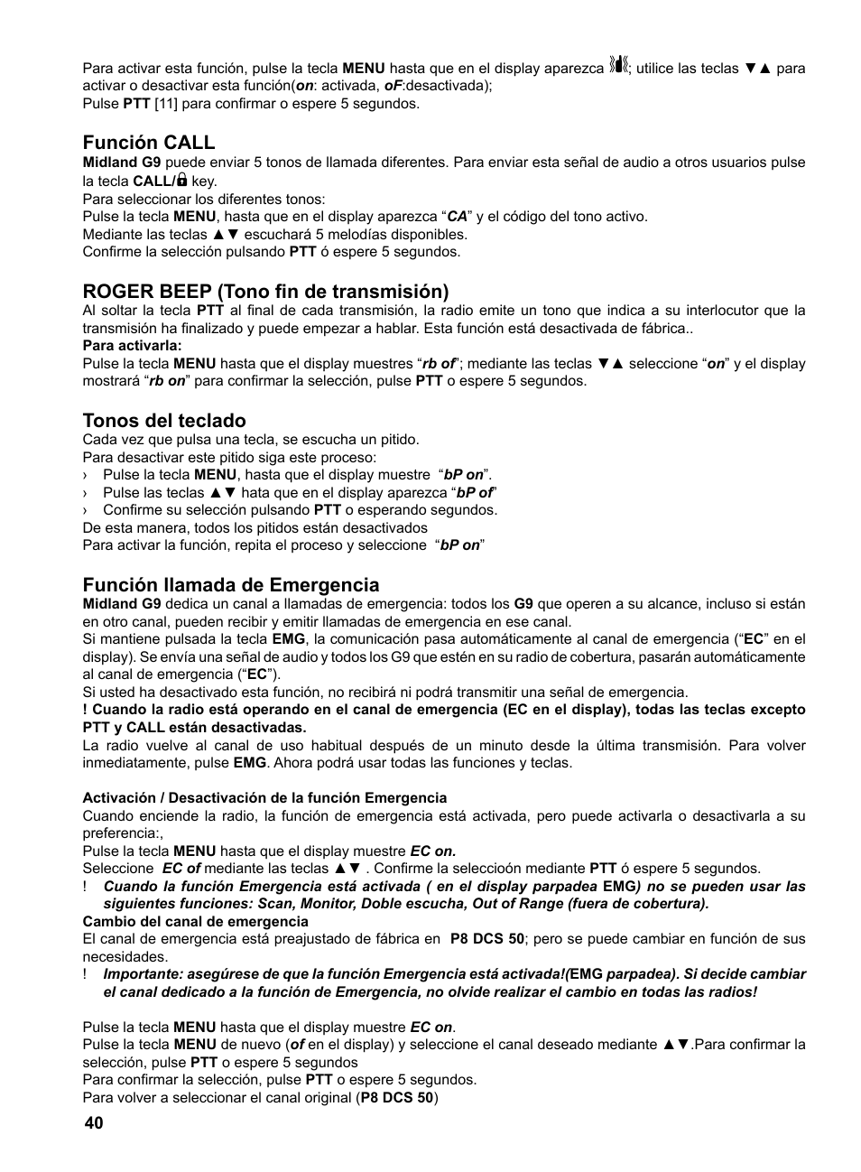 Función call, Roger beep (tono fin de transmisión), Tonos del teclado | Función llamada de emergencia | MIDLAND G9 User Manual | Page 42 / 94
