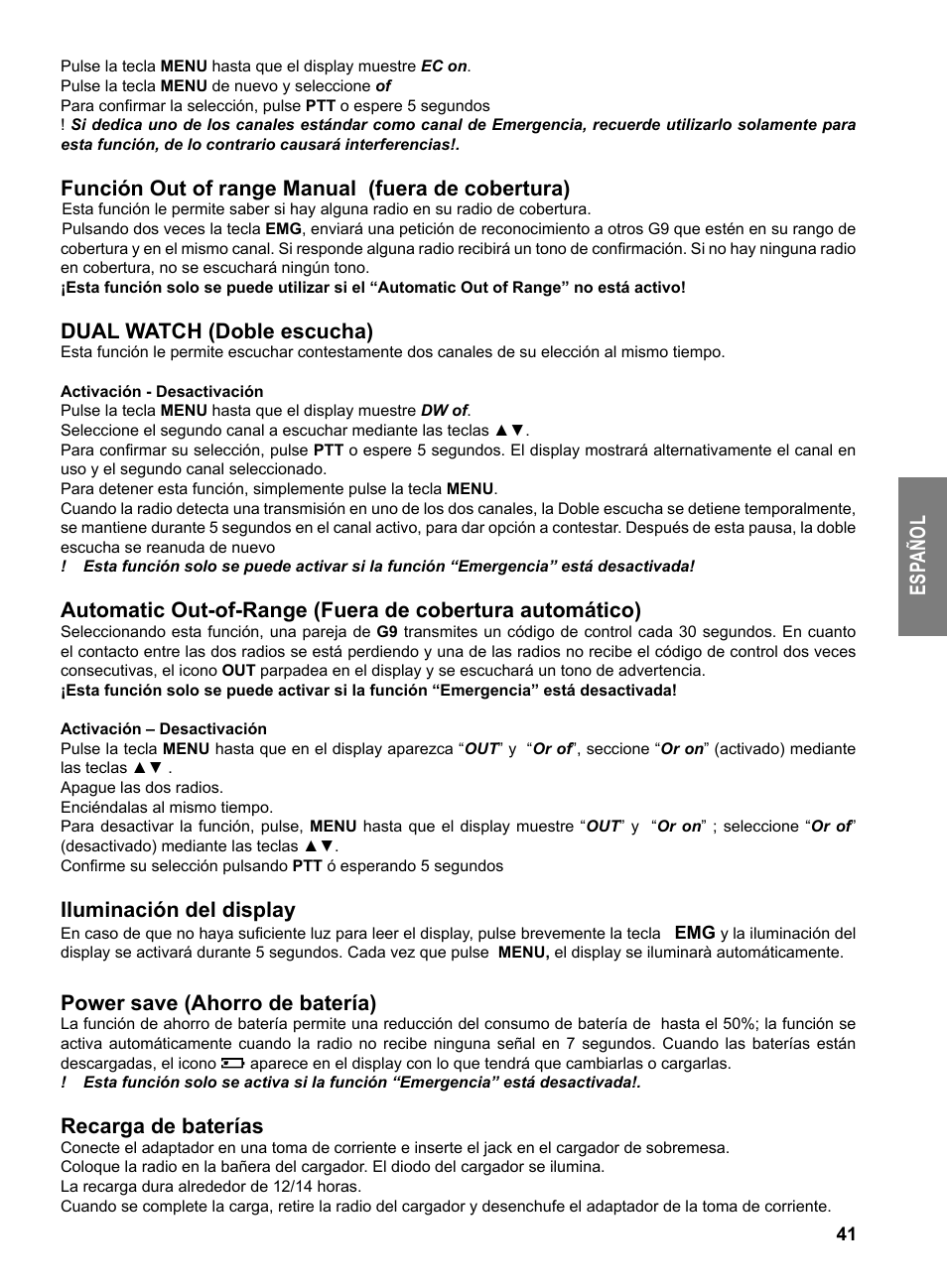 Es pa ño l, Función out of range manual (fuera de cobertura), Dual watch (doble escucha) | Iluminación del display, Power save (ahorro de batería), Recarga de baterías | MIDLAND G9 User Manual | Page 43 / 94