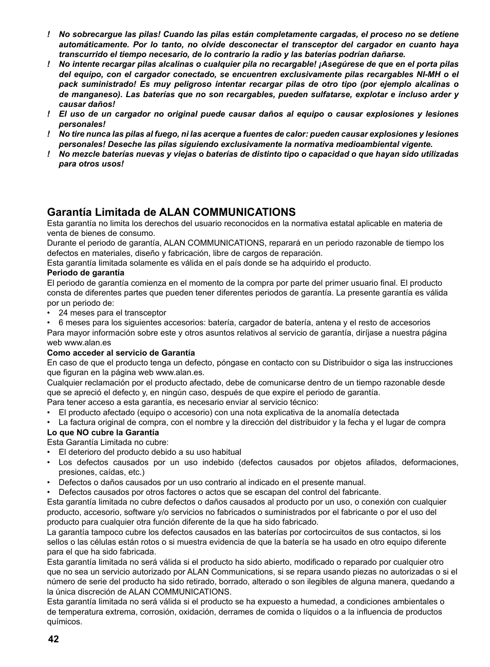 Garantía limitada de alan communications | MIDLAND G9 User Manual | Page 44 / 94