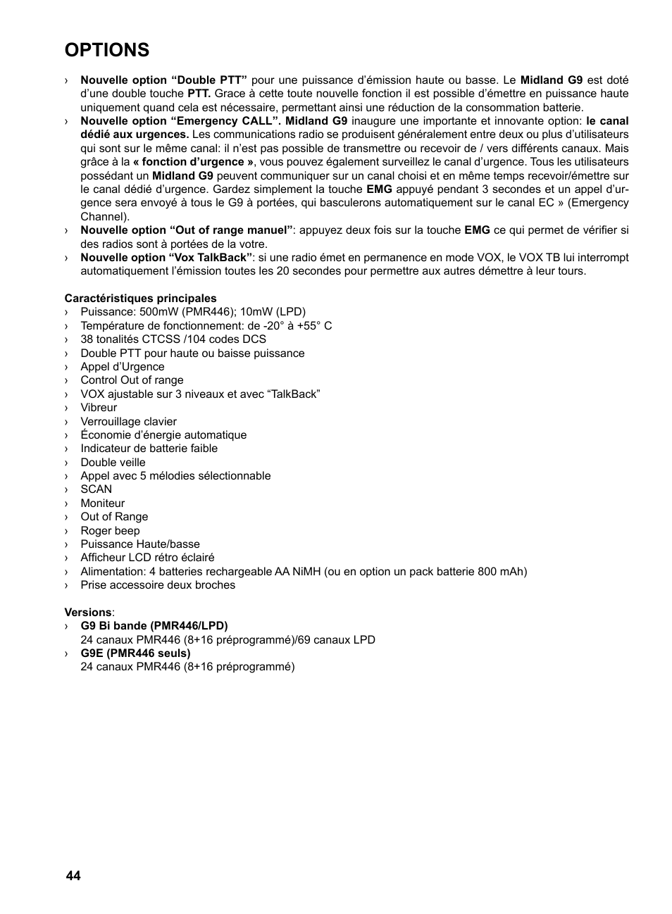 Options | MIDLAND G9 User Manual | Page 46 / 94