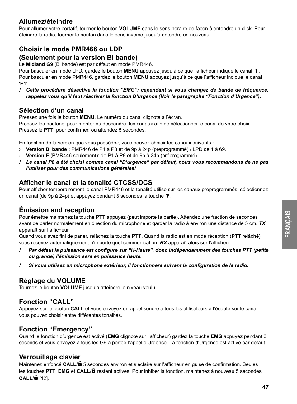 Fr an ça is allumez/éteindre, Sélection d’un canal, Afficher le canal et la tonalité ctcss/dcs | Émission and reception, Réglage du volume, Fonction “call, Fonction “emergency, Verrouillage clavier | MIDLAND G9 User Manual | Page 49 / 94
