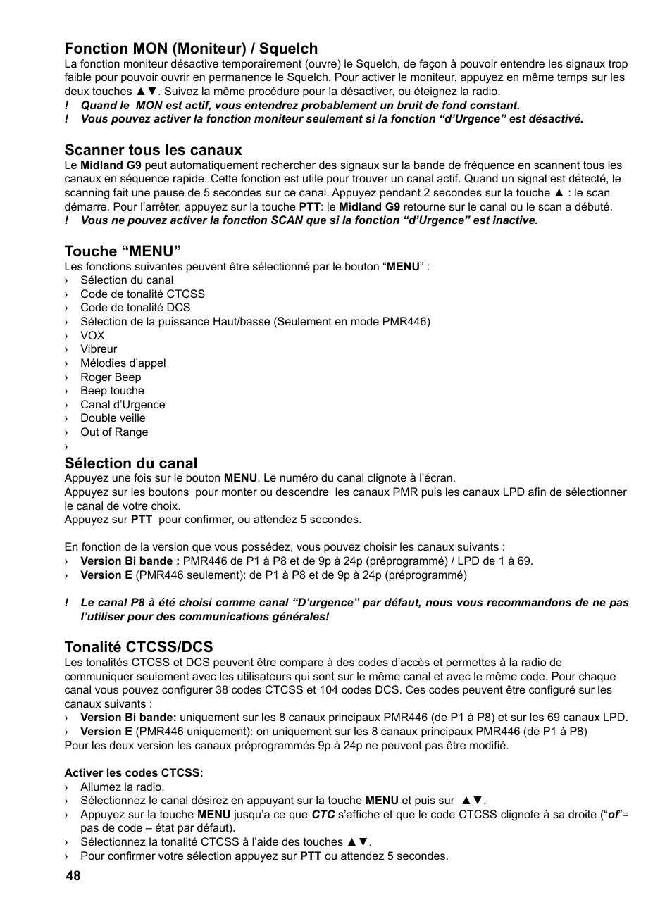 Fonction mon (moniteur) / squelch, Scanner tous les canaux, Touche “menu | Sélection du canal, Tonalité ctcss/dcs | MIDLAND G9 User Manual | Page 50 / 94