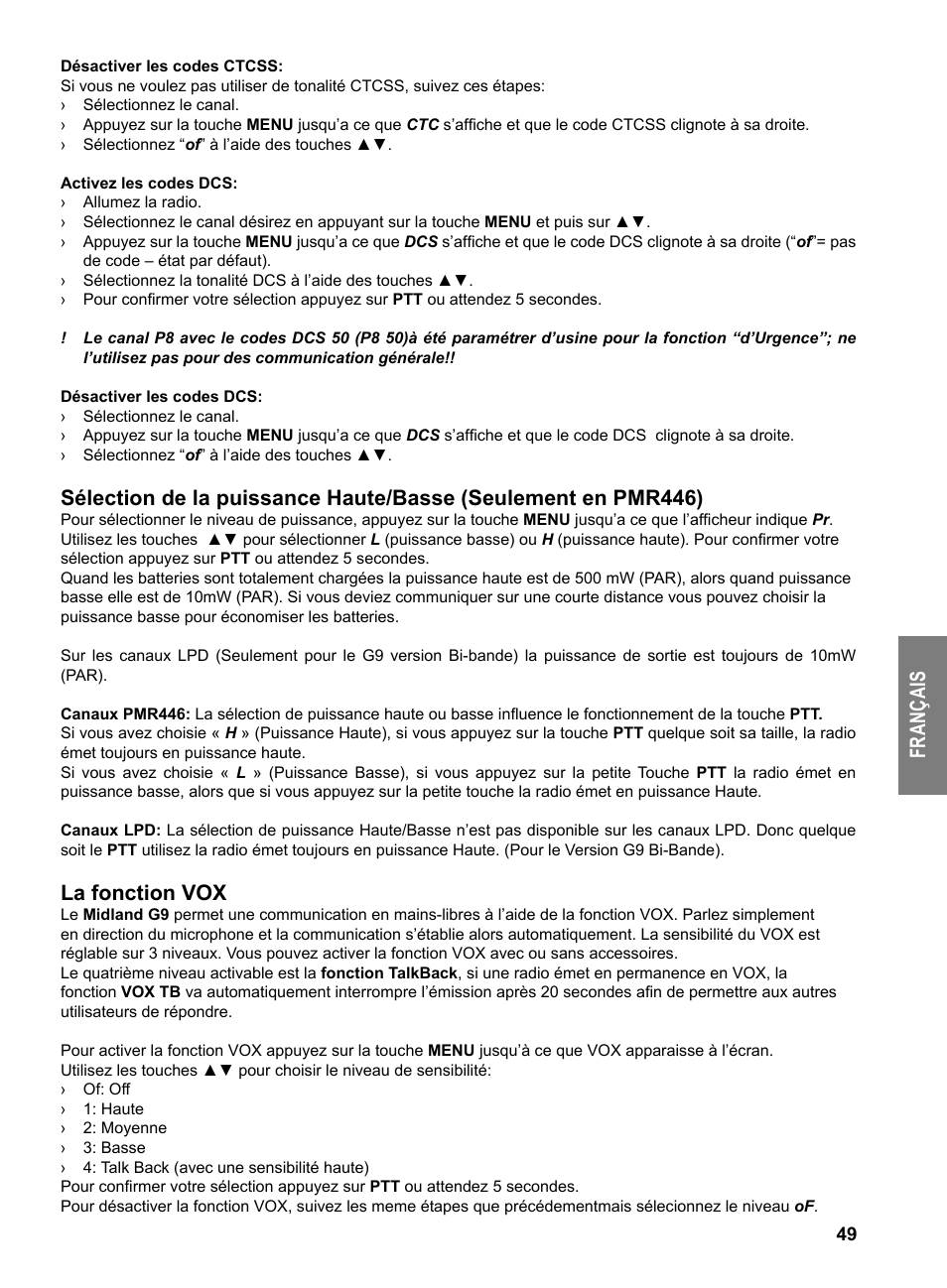 Fr an ça is, La fonction vox | MIDLAND G9 User Manual | Page 51 / 94
