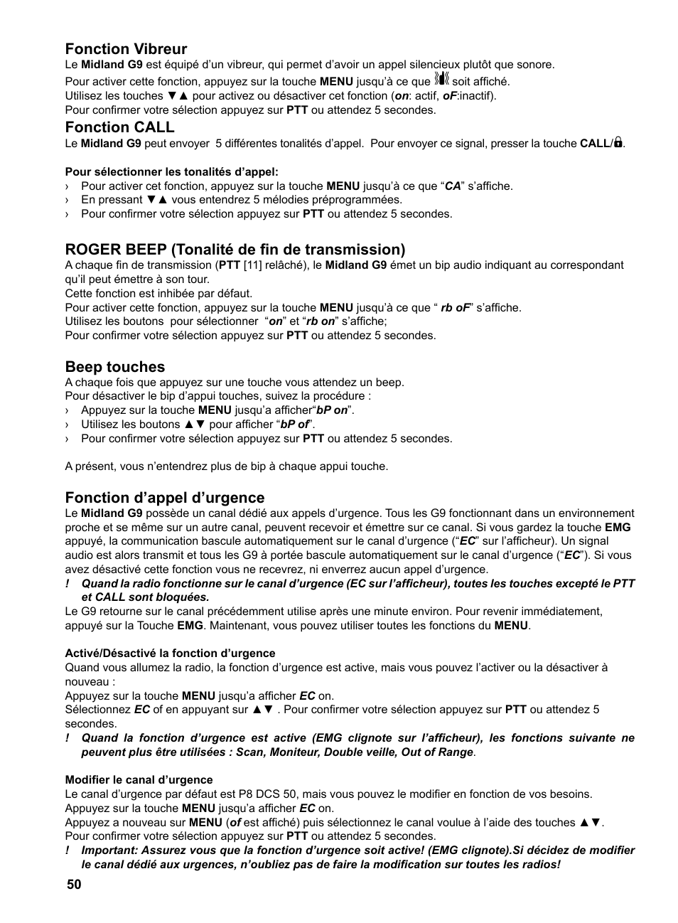 Fonction vibreur, Fonction call, Roger beep (tonalité de fin de transmission) | Beep touches, Fonction d’appel d’urgence | MIDLAND G9 User Manual | Page 52 / 94