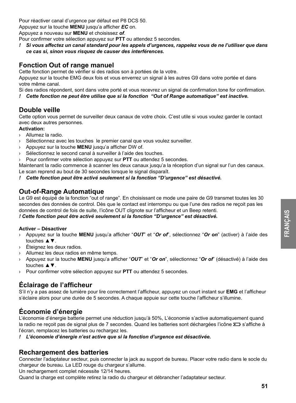 Fr an ça is, Fonction out of range manuel, Double veille | Out-of-range automatique, Éclairage de l’afficheur, Économie d’énergie, Rechargement des batteries | MIDLAND G9 User Manual | Page 53 / 94