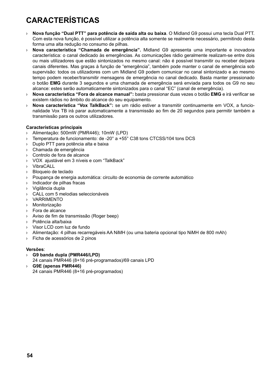 Características | MIDLAND G9 User Manual | Page 56 / 94