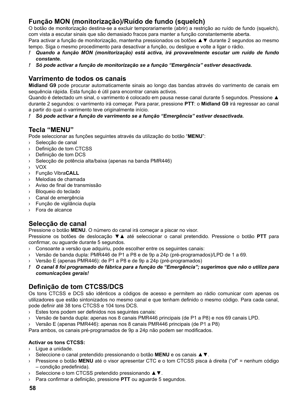 Varrimento de todos os canais, Tecla “menu, Selecção de canal | Definição de tom ctcss/dcs | MIDLAND G9 User Manual | Page 60 / 94