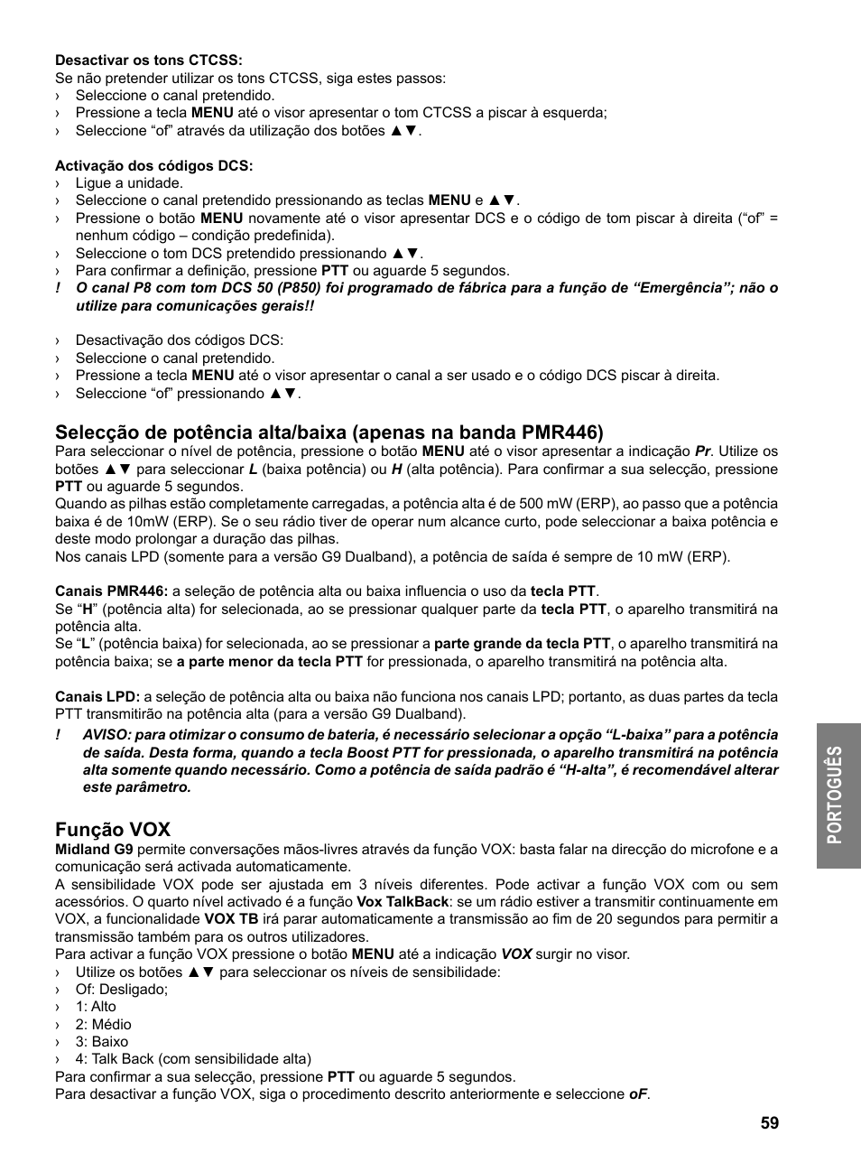 Po rt og uê s, Função vox | MIDLAND G9 User Manual | Page 61 / 94