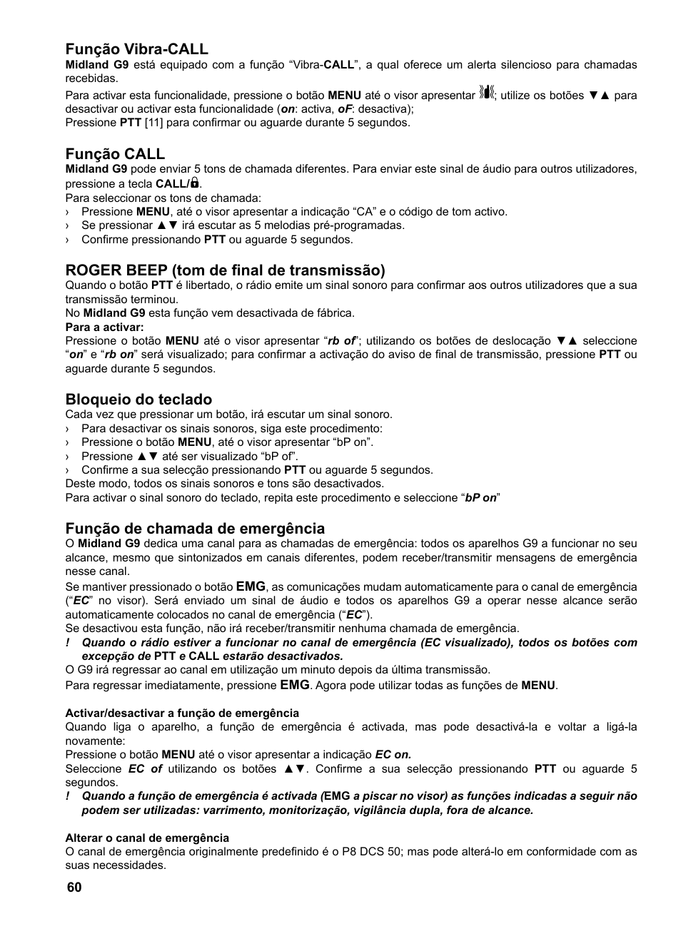 Função vibra-call, Função call, Roger beep (tom de final de transmissão) | Bloqueio do teclado, Função de chamada de emergência | MIDLAND G9 User Manual | Page 62 / 94