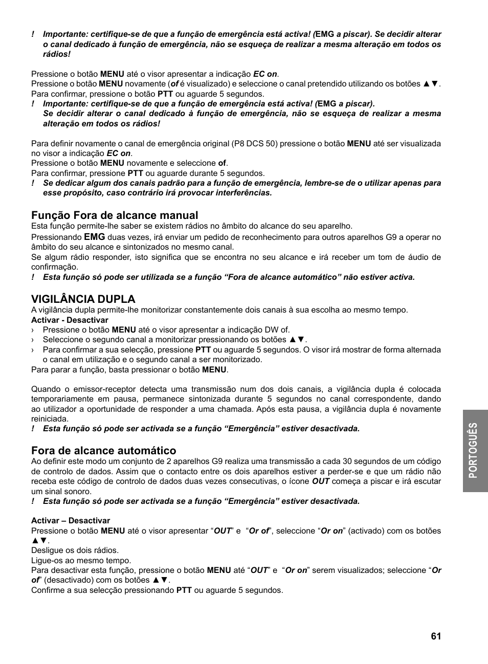 Po rt og uê s, Função fora de alcance manual, Vigilância dupla | Fora de alcance automático | MIDLAND G9 User Manual | Page 63 / 94