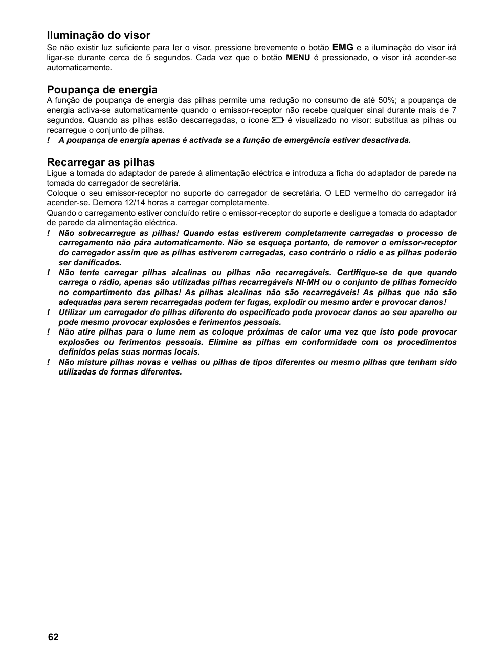 Iluminação do visor, Poupança de energia, Recarregar as pilhas | MIDLAND G9 User Manual | Page 64 / 94