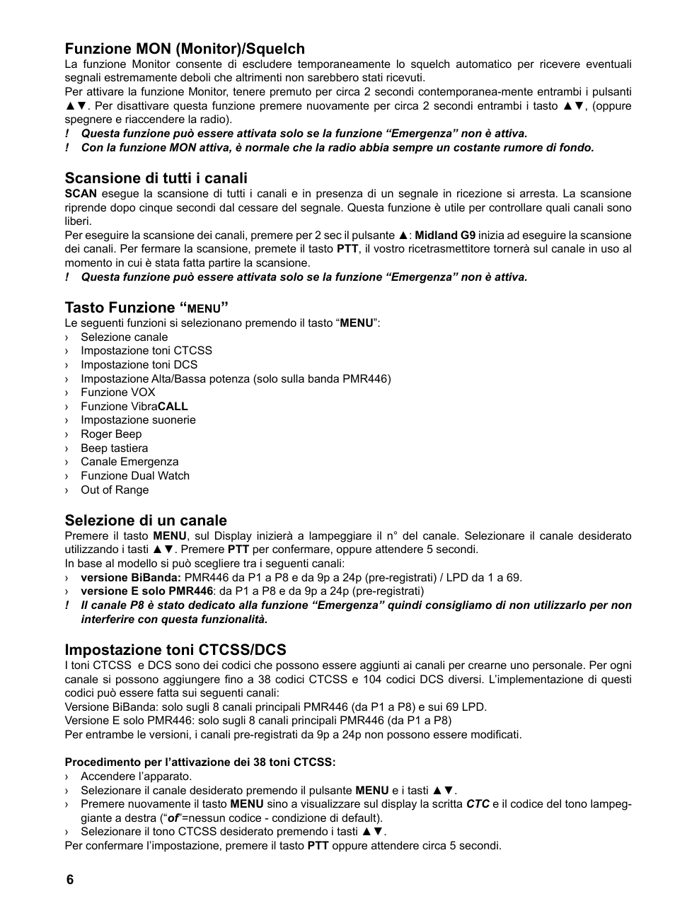 Funzione mon (monitor)/squelch, Scansione di tutti i canali, Tasto funzione | Selezione di un canale, Impostazione toni ctcss/dcs | MIDLAND G9 User Manual | Page 8 / 94