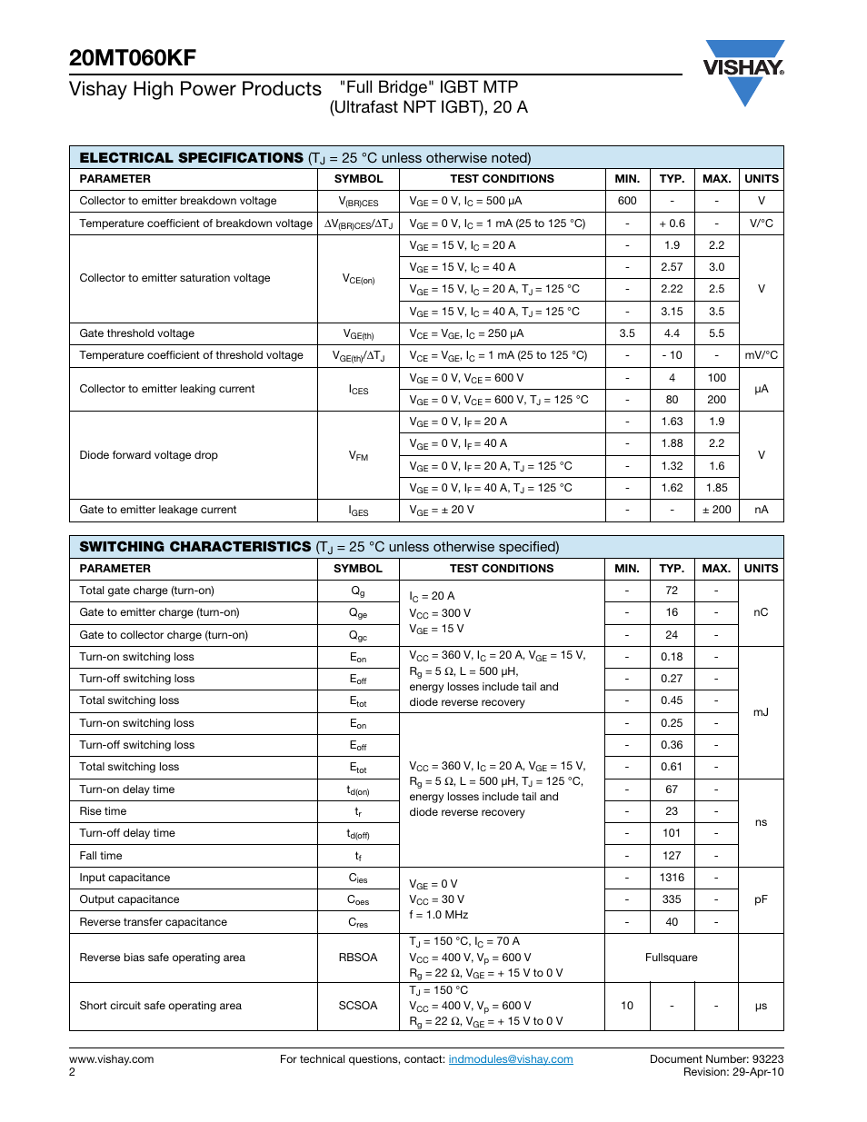 Vishay high power products, Full bridge" igbt mtp (ultrafast npt igbt), 20 a, Electrical specifications (t | Switching characteristics (t, 25 °c unless otherwise specified) | C&H Technology 20MT060KF User Manual | Page 2 / 10