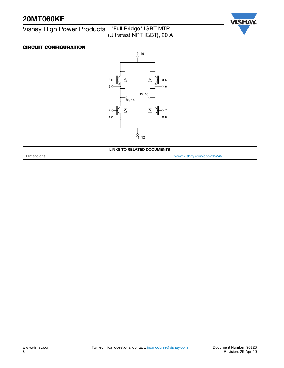 Vishay high power products, Full bridge" igbt mtp (ultrafast npt igbt), 20 a | C&H Technology 20MT060KF User Manual | Page 8 / 10