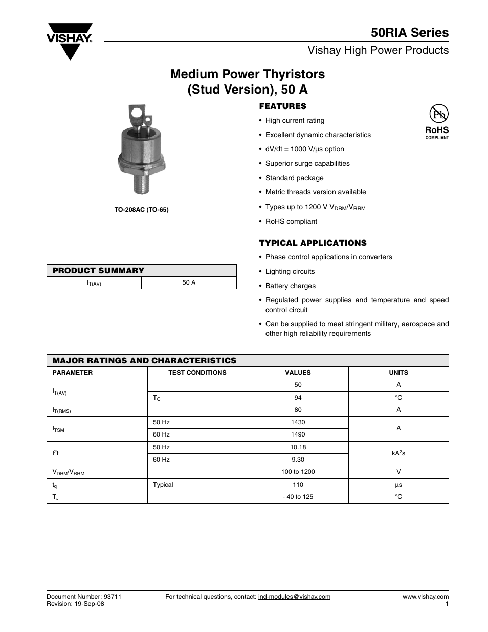 Datasheet, Vishay high power products, Rohs | C&H Technology 50RIA Series User Manual | Page 2 / 8
