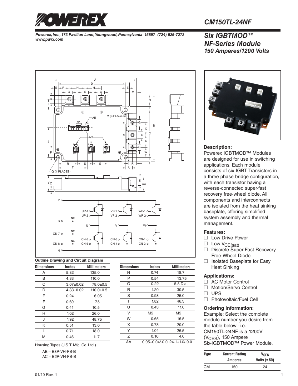 Six igbtmod™ nf-series module, Features: £ low drive power £ low v, 150 ampere six-igbtmod™ power module | C&H Technology CM150TL-24NF User Manual | Page 2 / 5