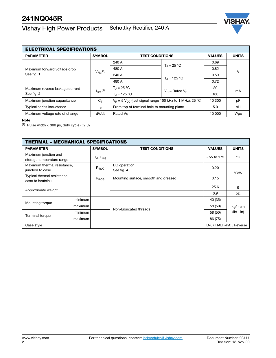 Vishay high power products, Schottky rectifier, 240 a | C&H Technology 241NQ045R User Manual | Page 4 / 7