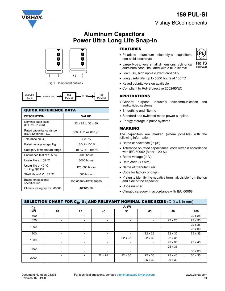 Datasheet, Vishay bccomponents, Rohs | C&H Technology 158 PUL-SI User Manual | Page 2 / 10
