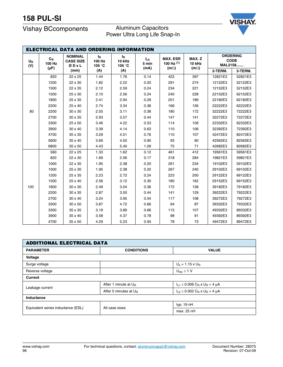 158 pul-si, Vishay bccomponents, Aluminum capacitors power ultra long life snap-in | C&H Technology 158 PUL-SI User Manual | Page 7 / 10
