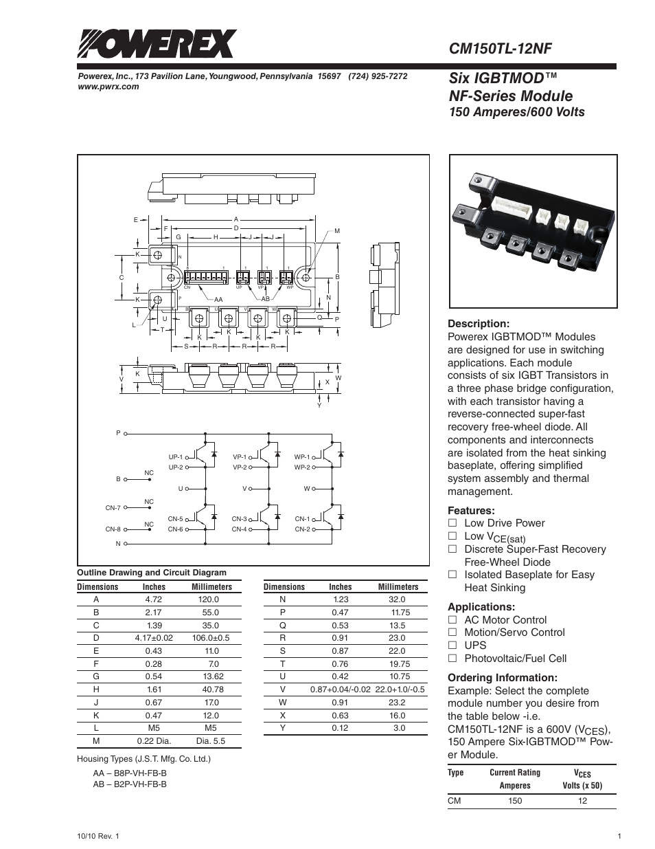 Six igbtmod™ nf-series module, Features: £ low drive power £ low v, 150 ampere six-igbtmod™ pow- er module | C&H Technology CM150TL-12NF User Manual | Page 2 / 5