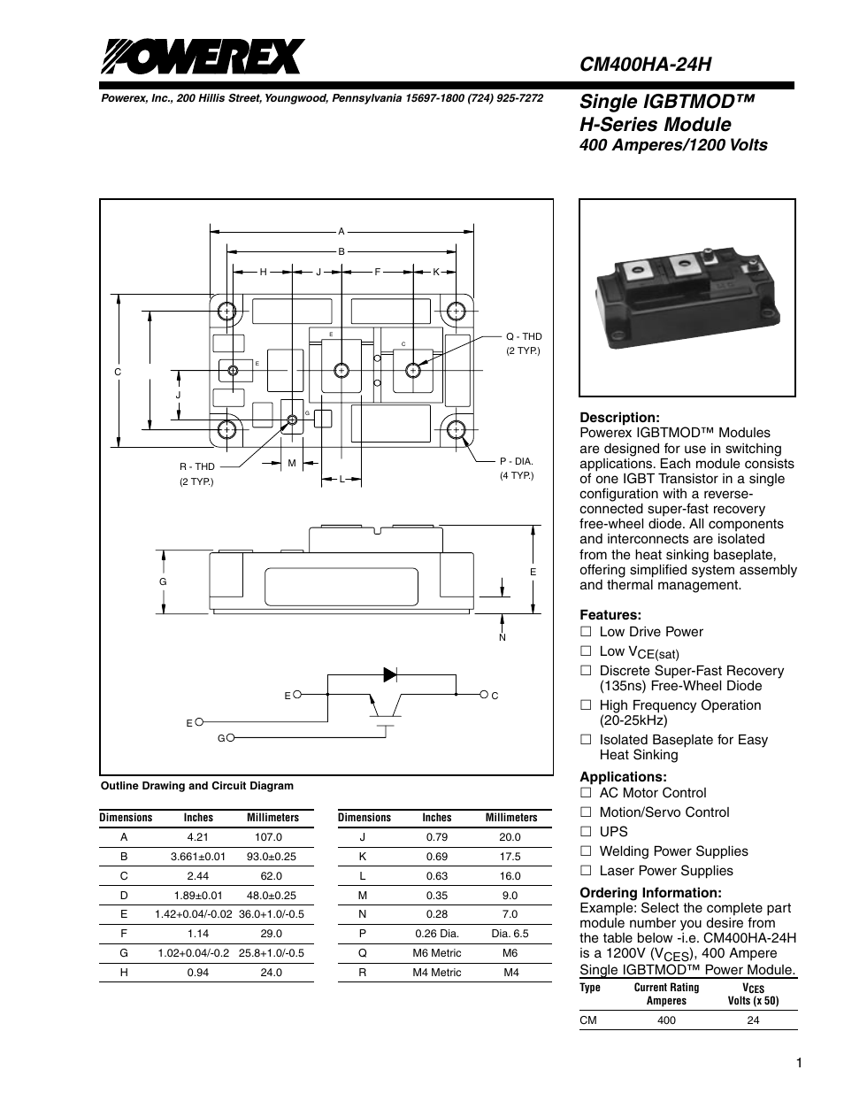 Single igbtmod™ h-series module | C&H Technology CM400HA-24H User Manual | Page 2 / 5