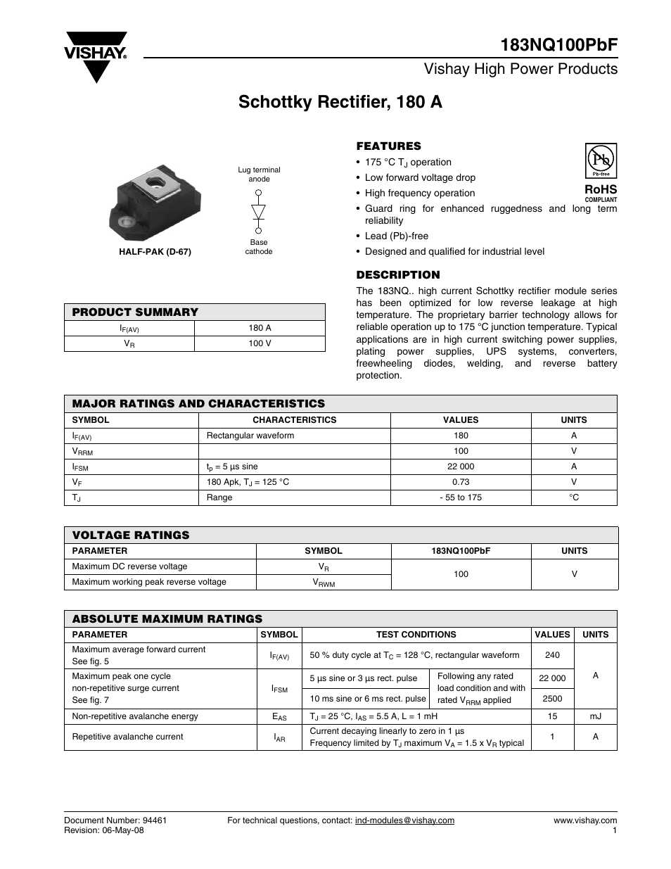 Datasheet, Vishay high power products, Rohs | C&H Technology 183NQ100PbF User Manual | Page 2 / 7