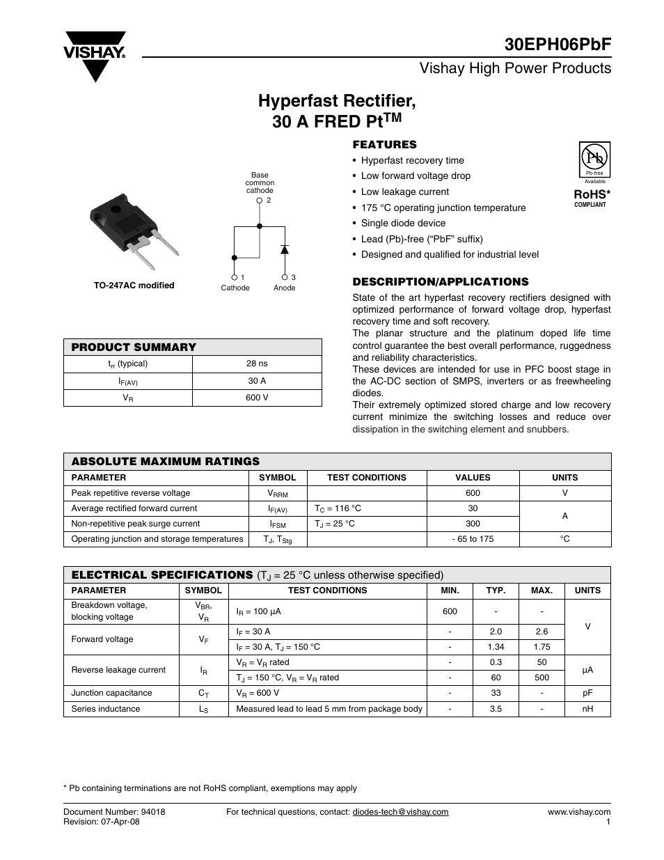 Vishay 30EPH06PbF User Manual | 7 pages