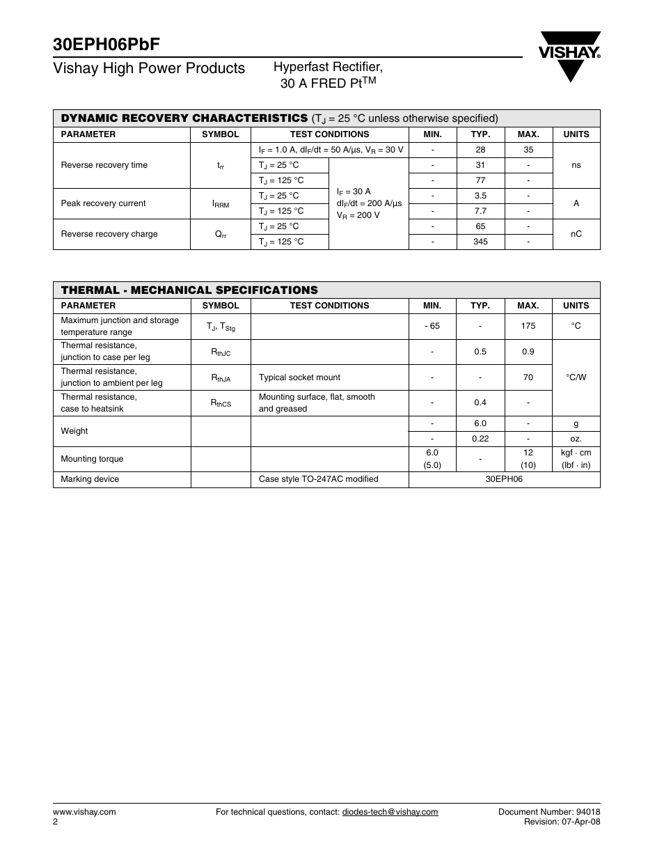 30eph06pbf, Vishay high power products, Hyperfast rectifier, 30 a fred pt | Vishay 30EPH06PbF User Manual | Page 2 / 7