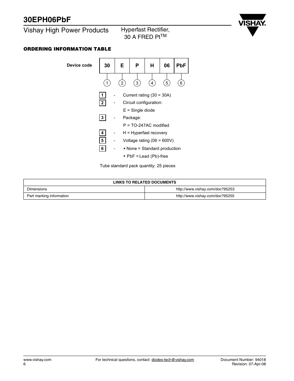 30eph06pbf, Vishay high power products, Hyperfast rectifier, 30 a fred pt | Vishay 30EPH06PbF User Manual | Page 6 / 7