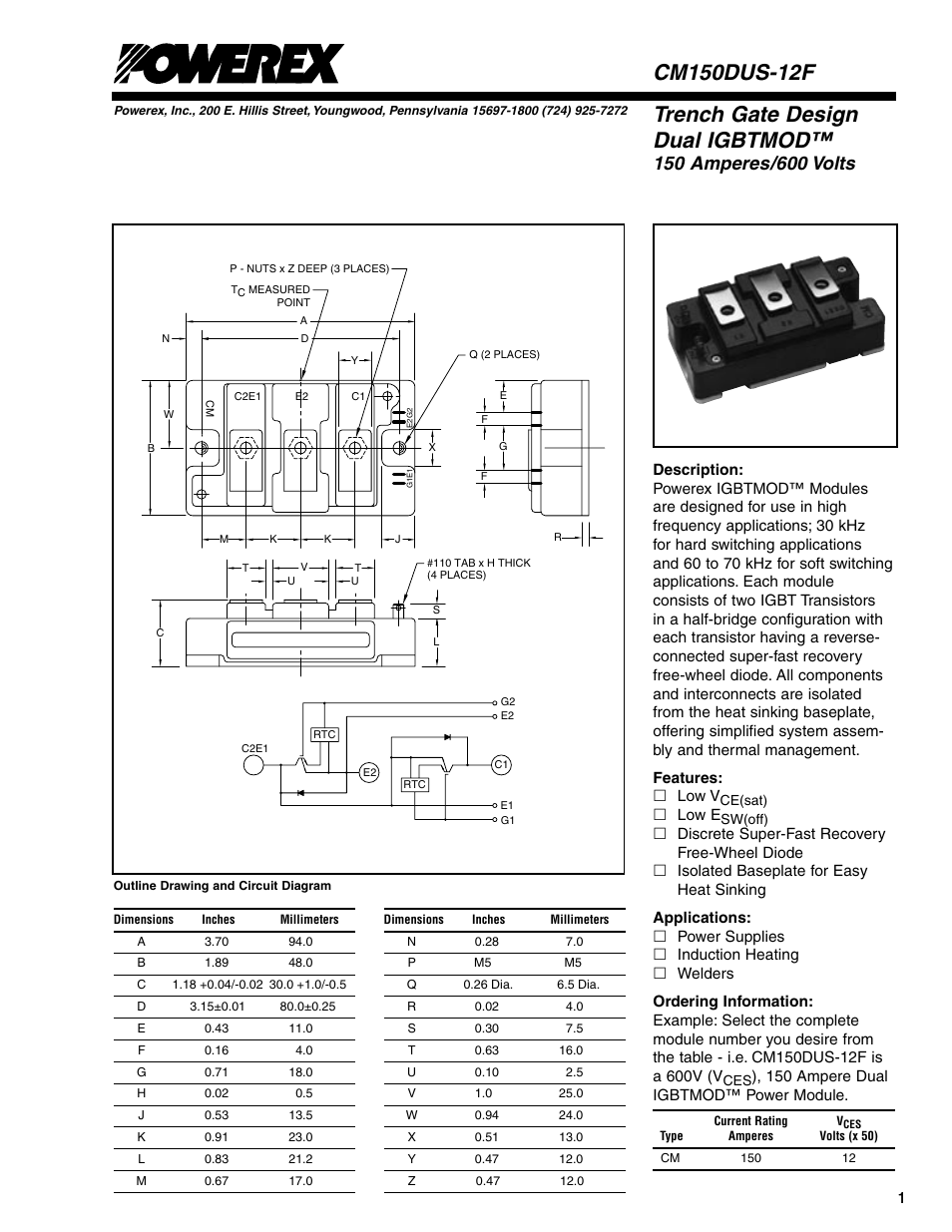 Trench gate design dual igbtmod | C&H Technology CM150DUS-12F User Manual | Page 2 / 5