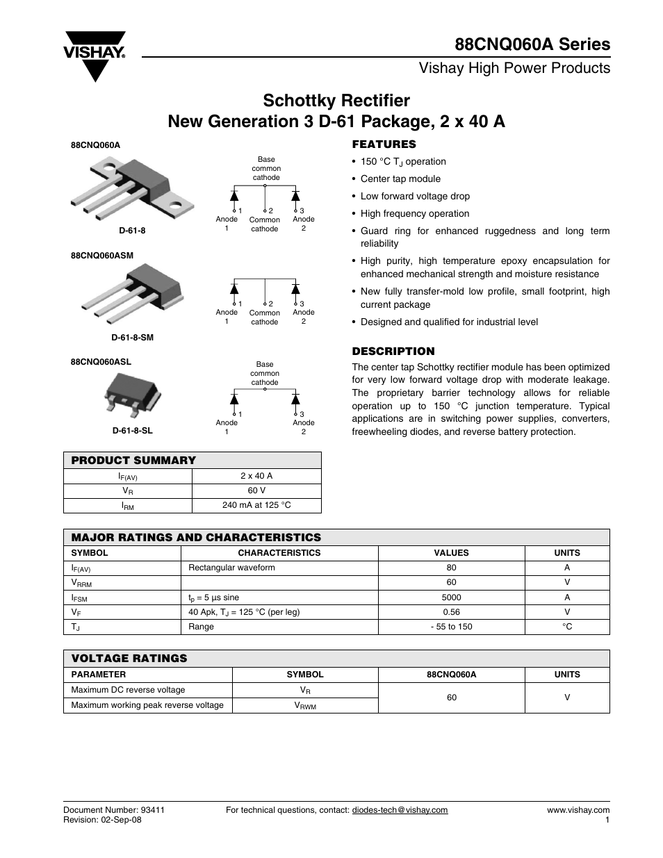 Datasheet, Vishay high power products | C&H Technology 88CNQ060A Series User Manual | Page 2 / 7