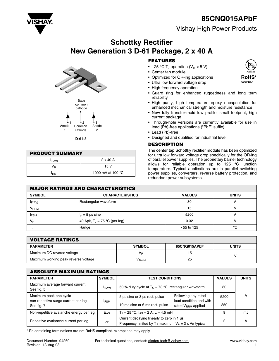 Vishay 85CNQ015APbF User Manual | 6 pages