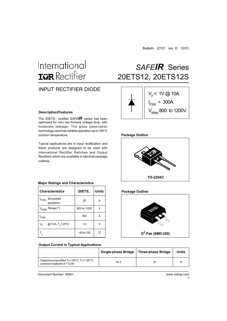 Safe, Input rectifier diode, 1v @ 10a i | 300a v | C&H Technology 20ETS12S SAFEIR Series User Manual | Page 2 / 8