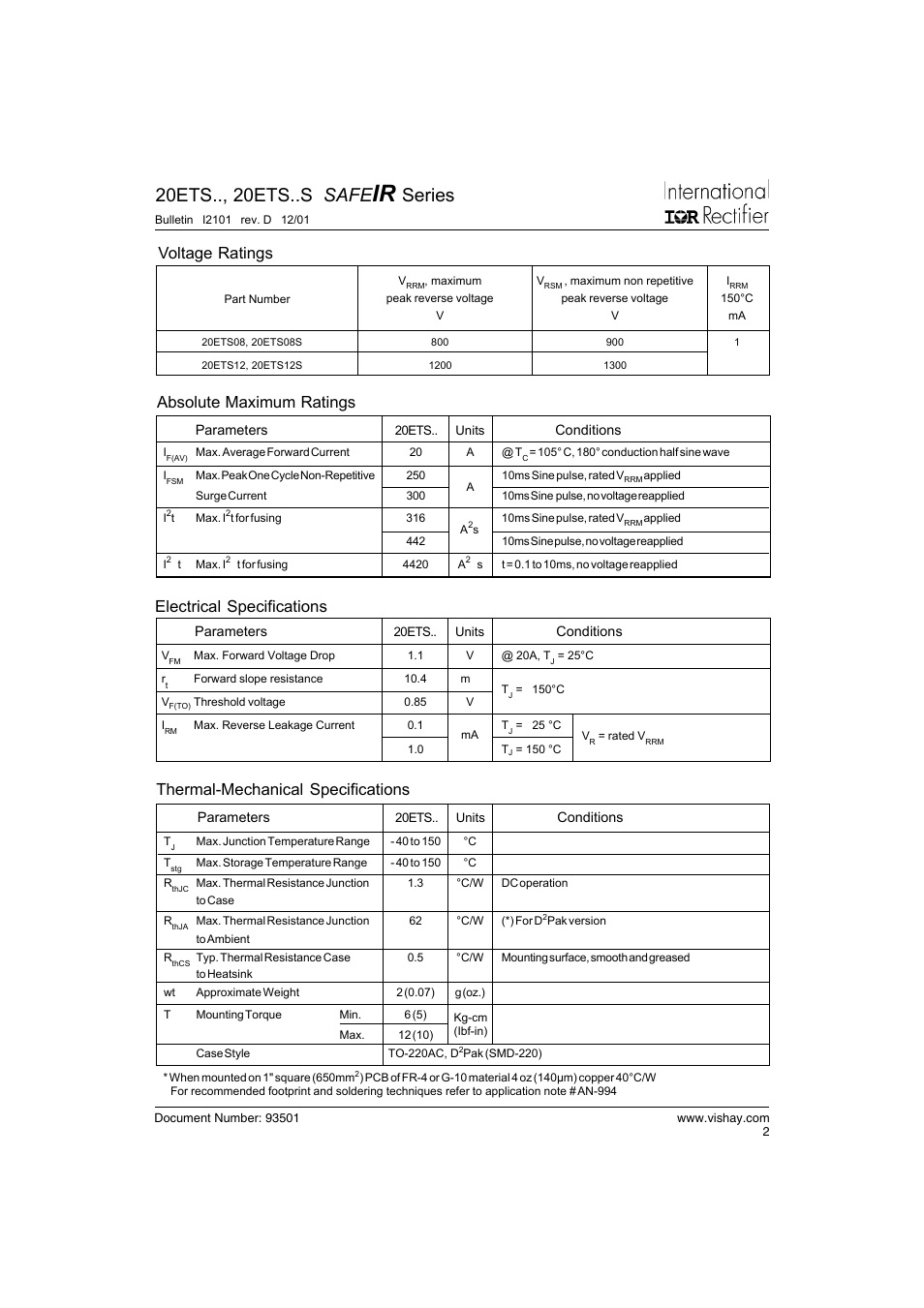 20ets.., 20ets..s safe, Series, Voltage ratings | Thermal-mechanical specifications, Absolute maximum ratings, Electrical specifications | C&H Technology 20ETS12S SAFEIR Series User Manual | Page 3 / 8