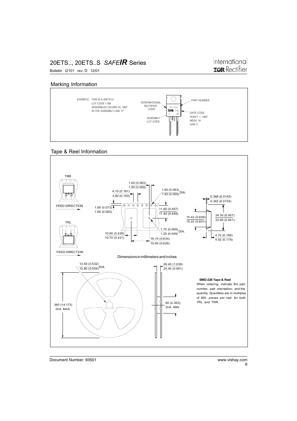 20ets.., 20ets..s safe, Series, Marking information | Tape & reel information | C&H Technology 20ETS12S SAFEIR Series User Manual | Page 7 / 8