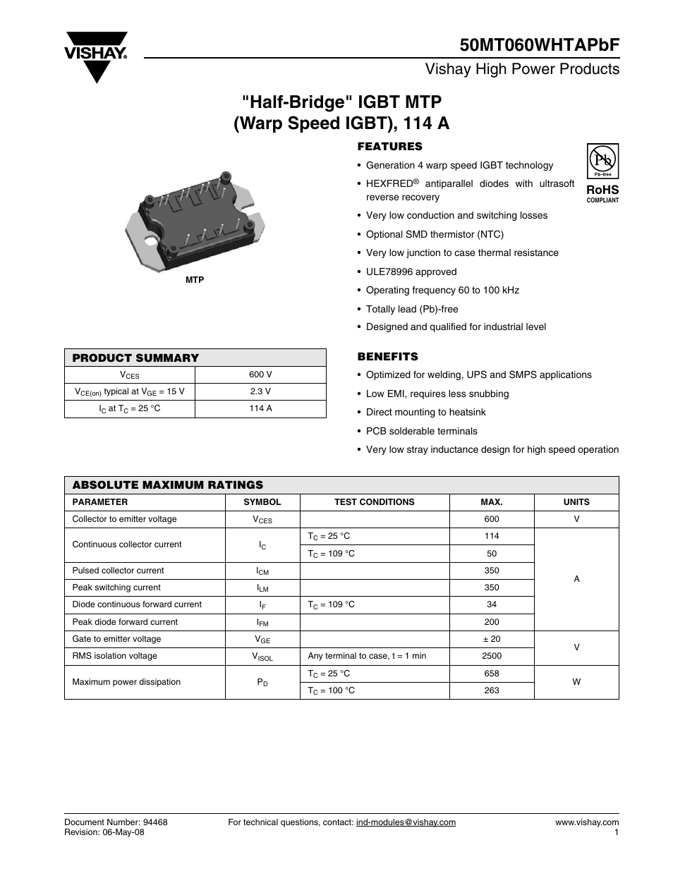 Datasheet, Vishay high power products, Rohs | C&H Technology 50MT060WHTAPbF User Manual | Page 2 / 7