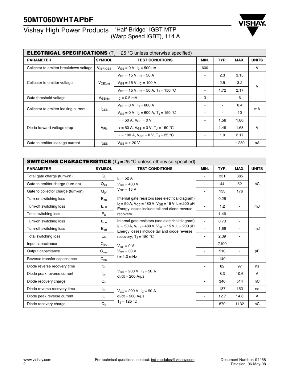 Vishay high power products, Half-bridge" igbt mtp (warp speed igbt), 114 a, Electrical specifications (t | 25 °c unless otherwise specified), Switching characteristics (t | C&H Technology 50MT060WHTAPbF User Manual | Page 3 / 7