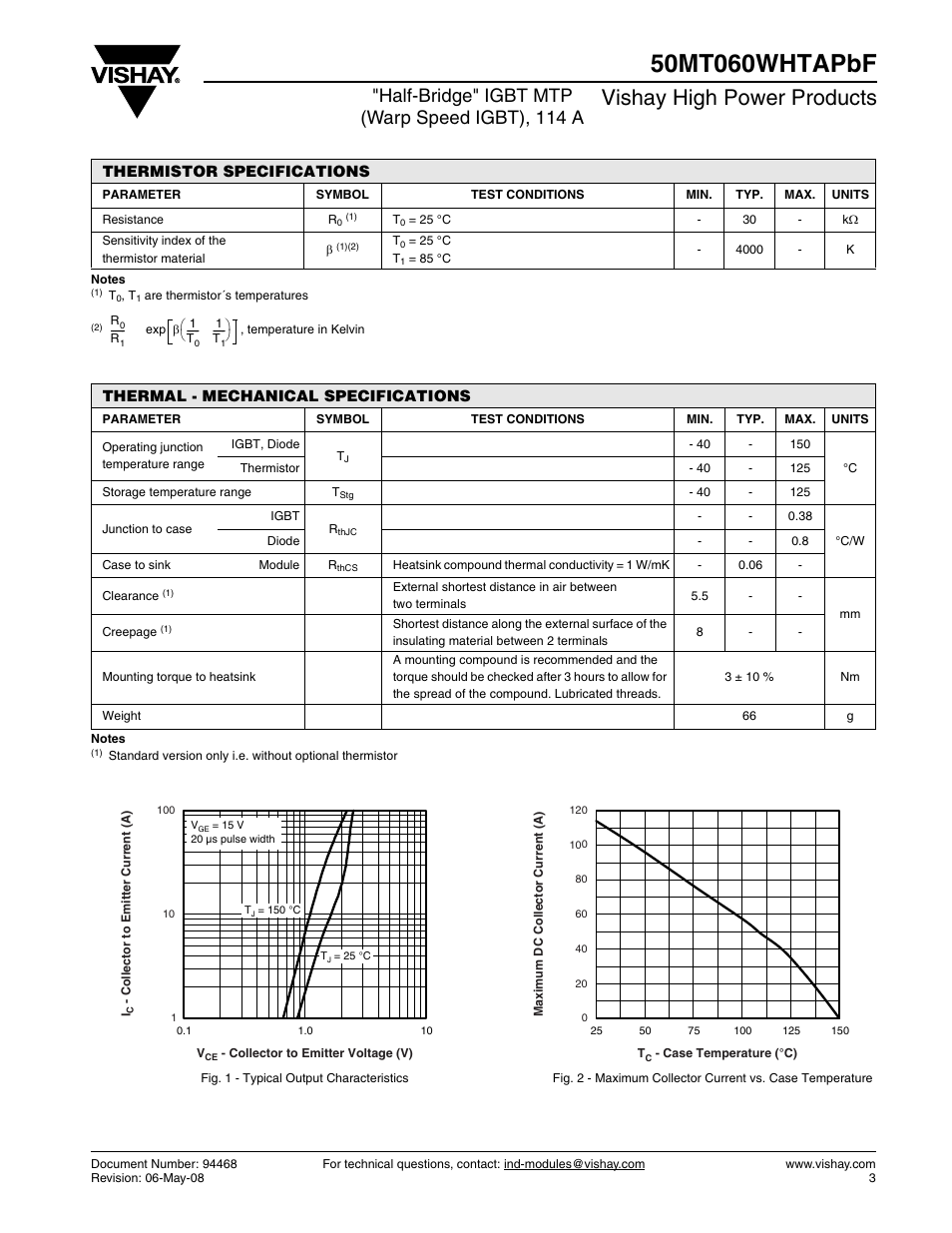 Vishay high power products, Half-bridge" igbt mtp (warp speed igbt), 114 a, Thermistor specifications | Thermal - mechanical specifications | C&H Technology 50MT060WHTAPbF User Manual | Page 4 / 7