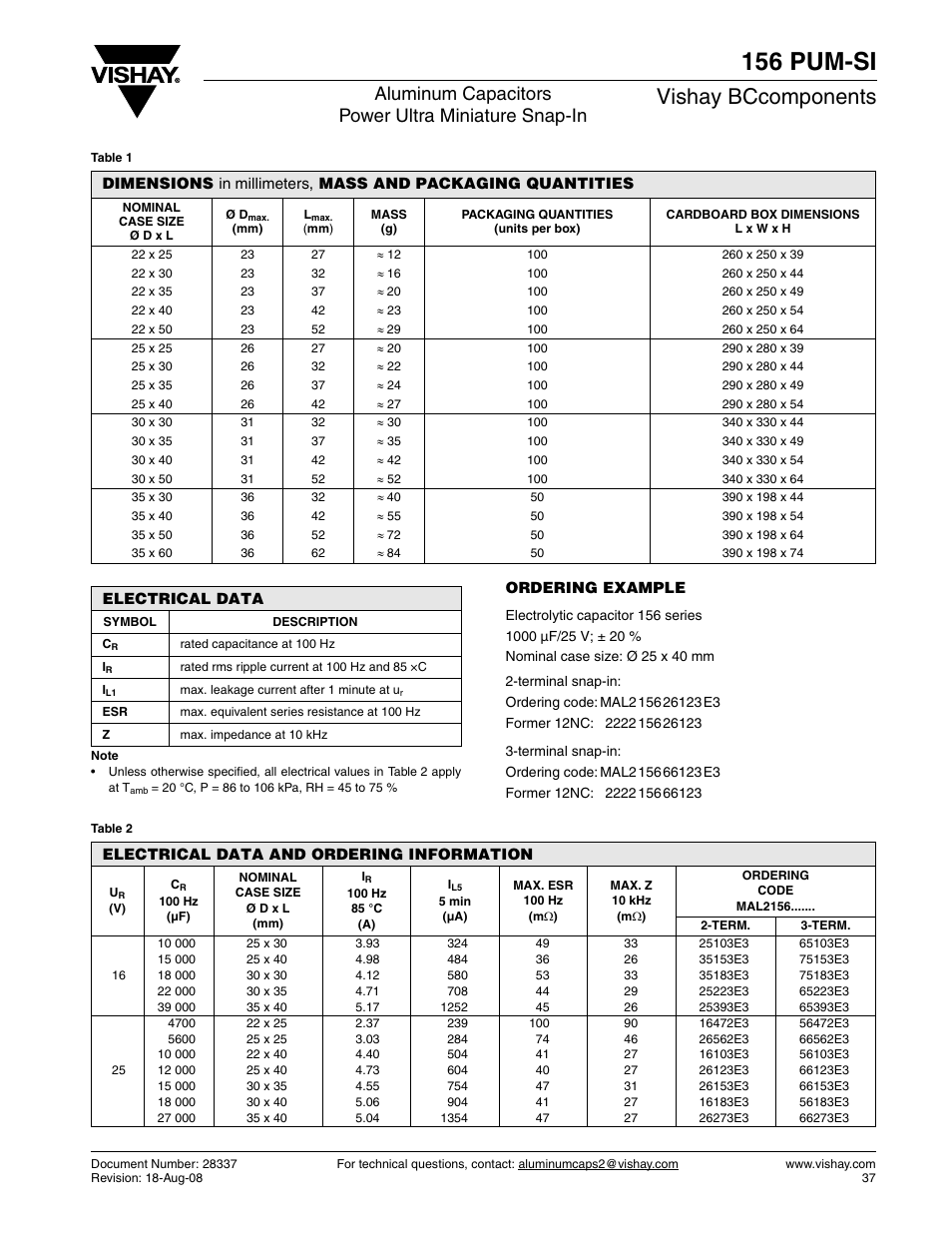 156 pum-si, Vishay bccomponents, Aluminum capacitors power ultra miniature snap-in | C&H Technology 156 PUM-SI User Manual | Page 4 / 8