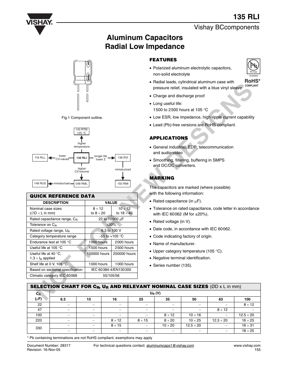 135 rli, Aluminum capacitors radial low impedance, Vishay bccomponents | C&H Technology 135 RLI User Manual | Page 2 / 8