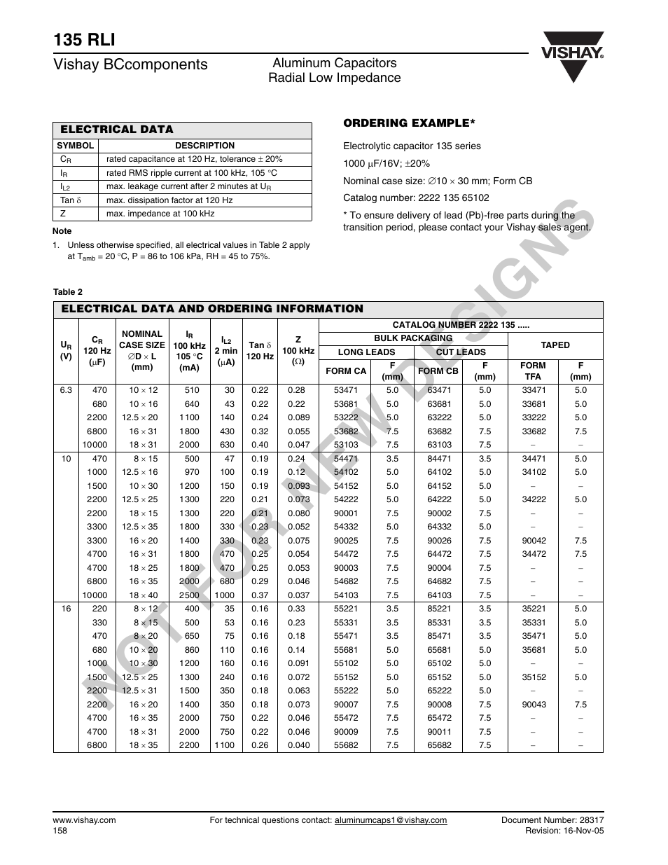 135 rli, Vishay bccomponents, Aluminum capacitors radial low impedance | C&H Technology 135 RLI User Manual | Page 5 / 8