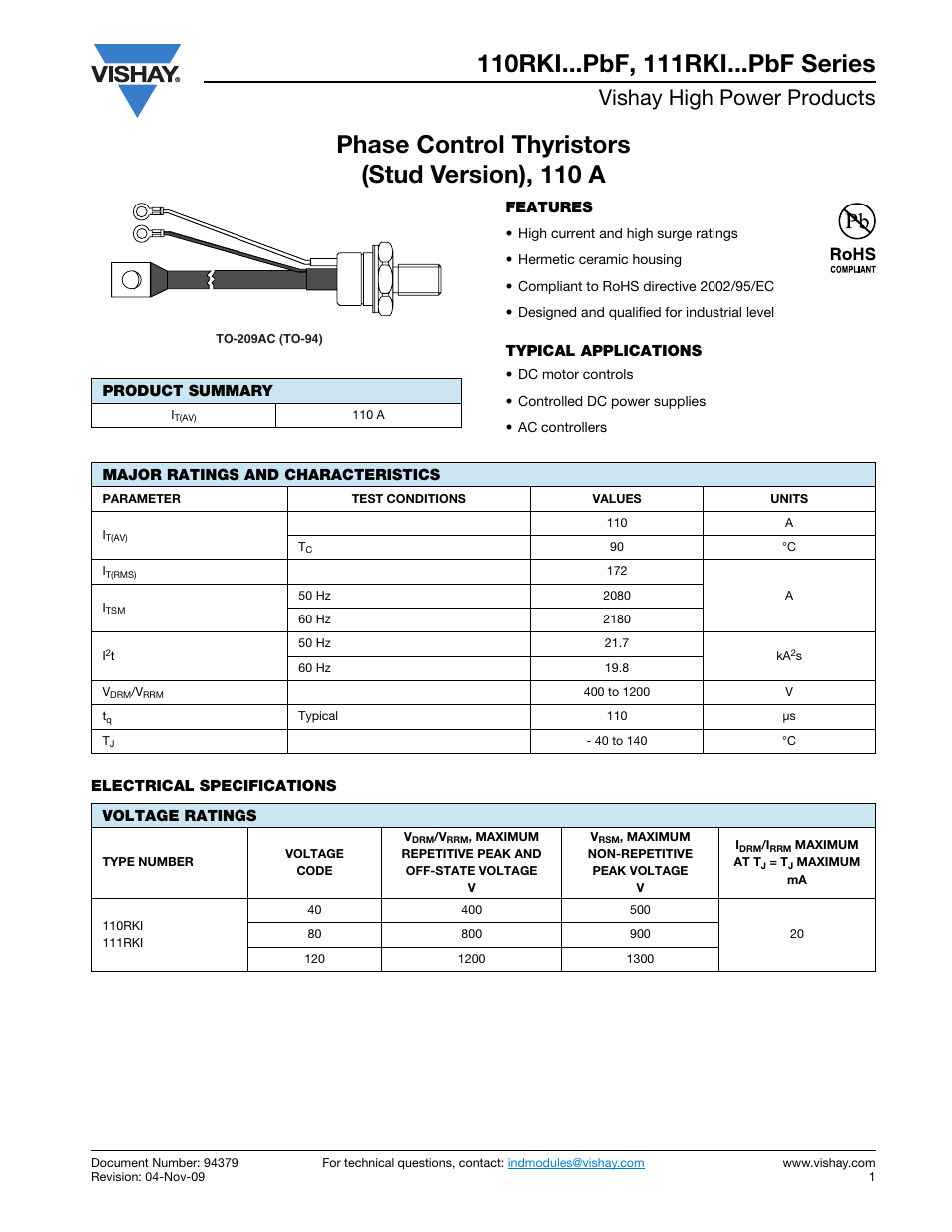 Datasheet, Vishay high power products | C&H Technology 111RKI...PbF Series User Manual | Page 2 / 9