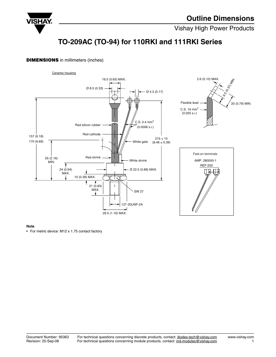 Vishay high power products, Dimensions in millimeters (inches) | C&H Technology 111RKI...PbF Series User Manual | Page 8 / 9