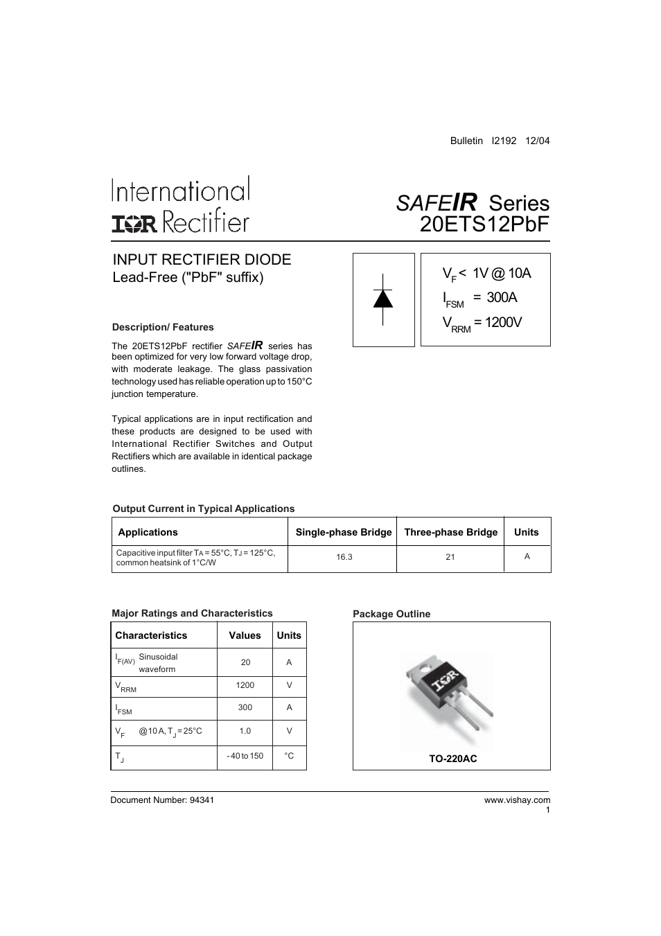 Safe, Series 20ets12pbf, Input rectifier diode | Lead-free ("pbf" suffix) v, 1v @ 10a i, 300a v, 1200v | C&H Technology 20ETS12PbF SAFEIR Series User Manual | Page 2 / 7