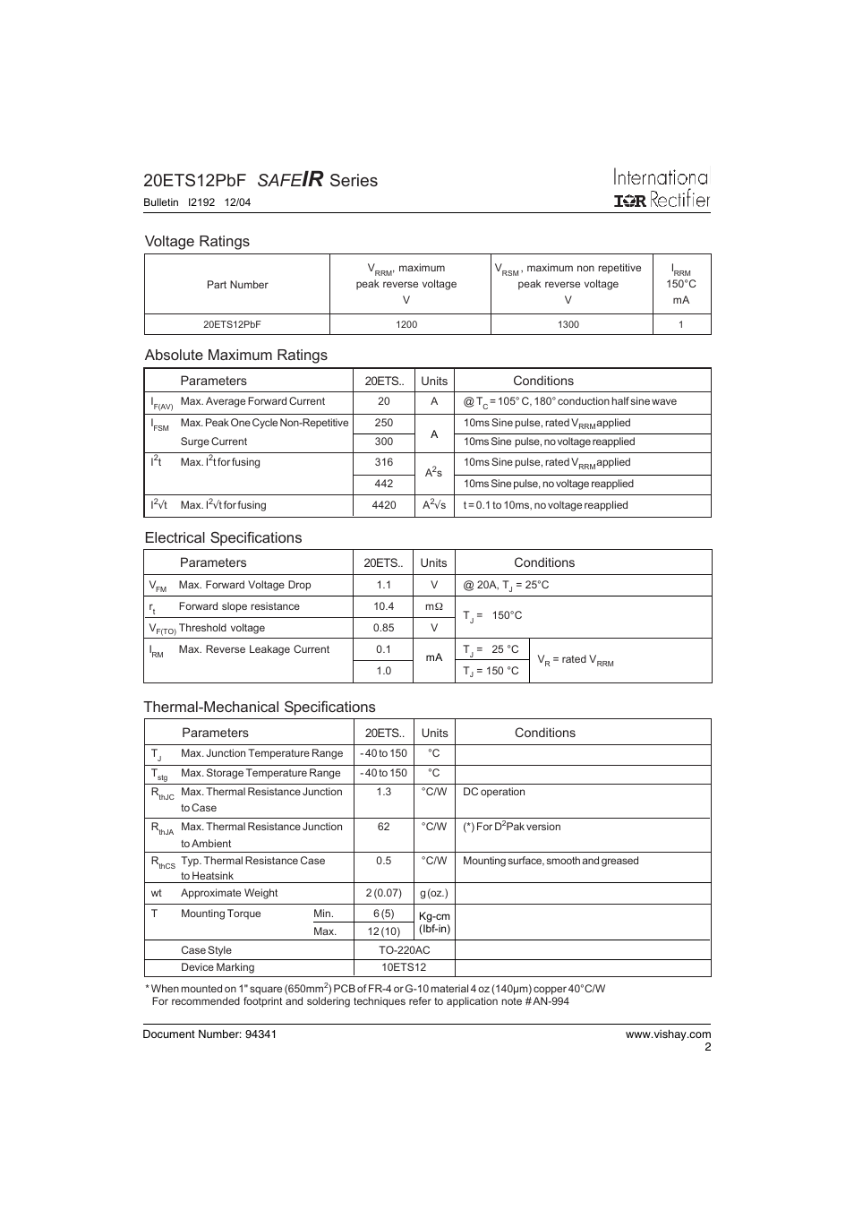 20ets12pbf safe, Series, Voltage ratings | Thermal-mechanical specifications, Absolute maximum ratings, Electrical specifications | C&H Technology 20ETS12PbF SAFEIR Series User Manual | Page 3 / 7
