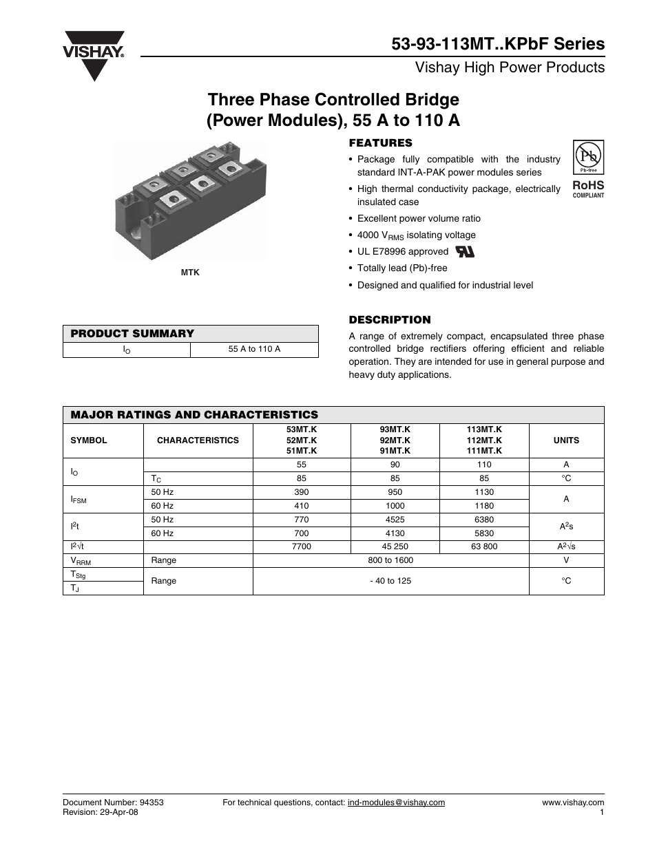 Vishay high power products, Rohs | C&H Technology 113MT..KPbF Series User Manual | Page 2 / 9
