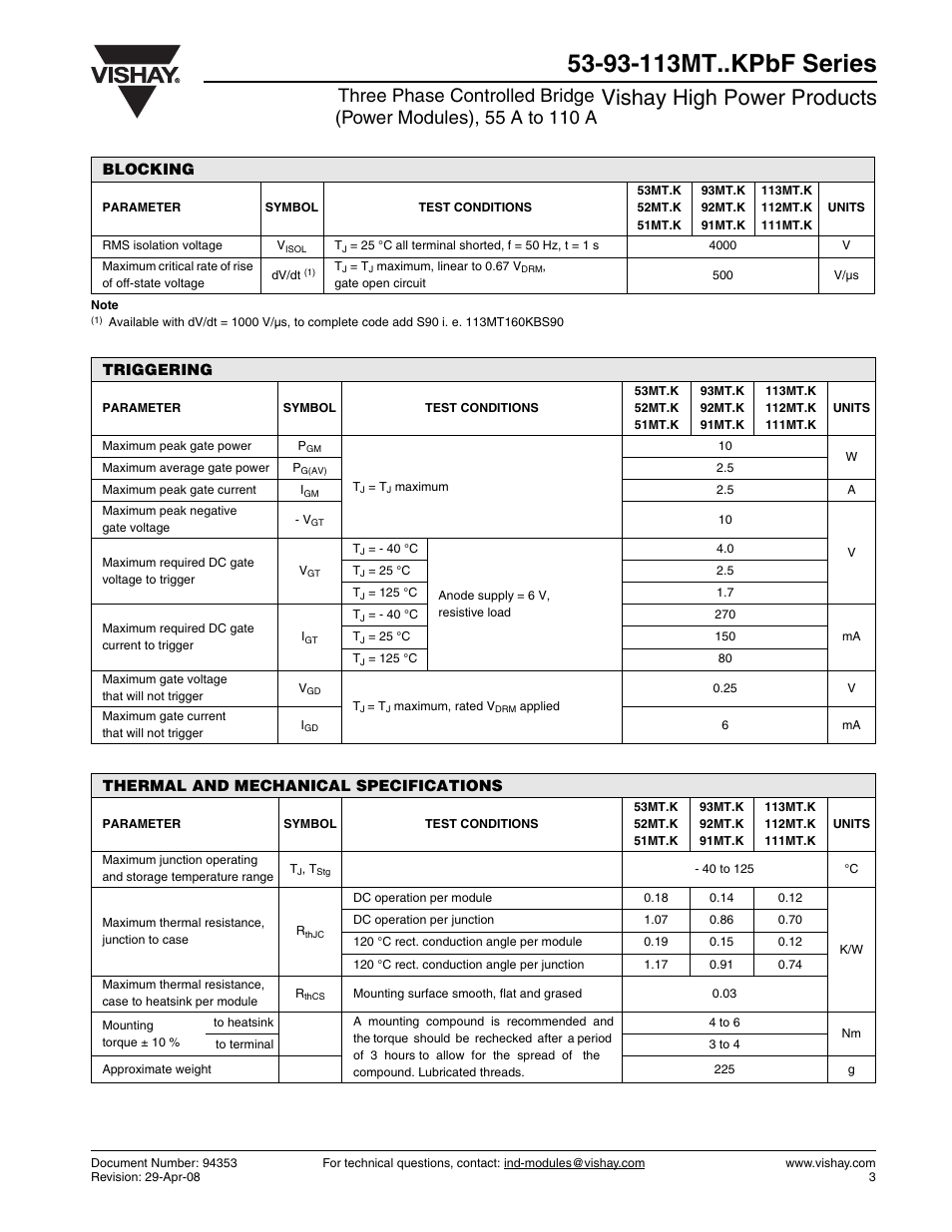 Vishay high power products | C&H Technology 113MT..KPbF Series User Manual | Page 4 / 9