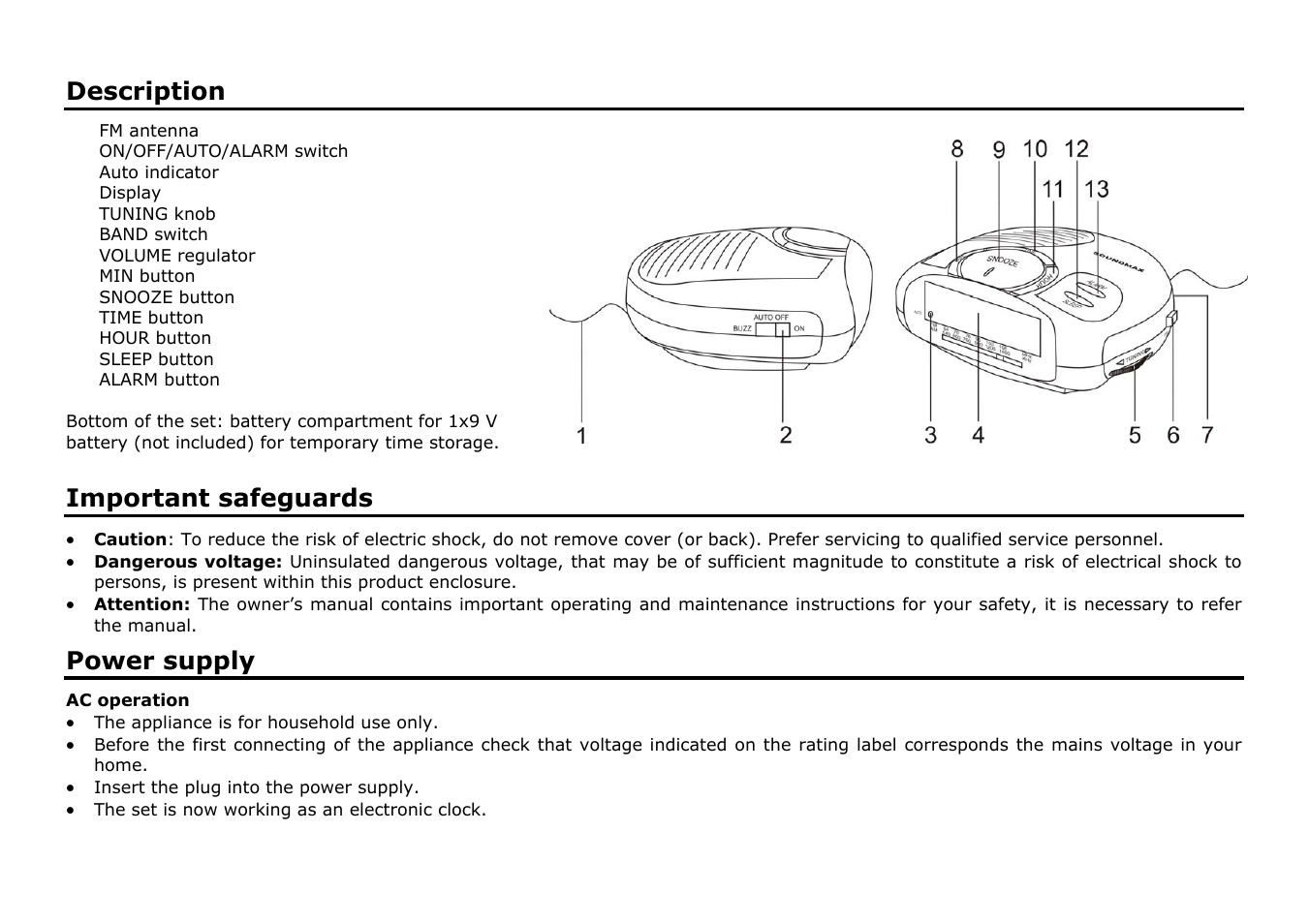 Description, Important safeguards, Power supply | SoundMax SM-2501 User Manual | Page 2 / 7