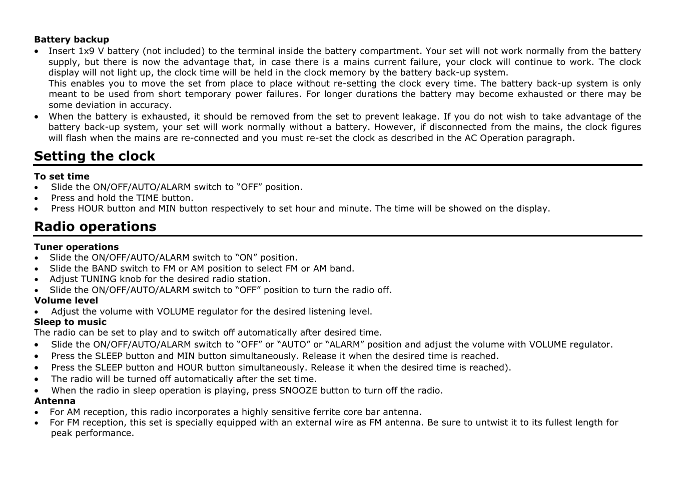 Setting the clock, Radio operations | SoundMax SM-2501 User Manual | Page 3 / 7